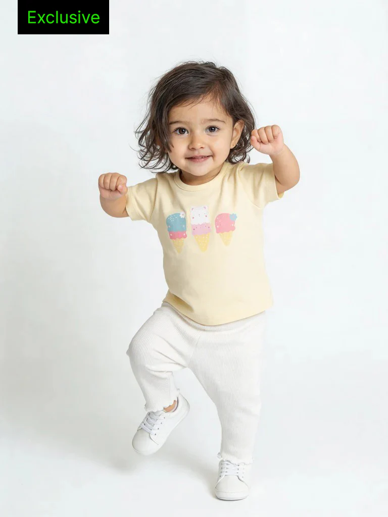 HOP Baby Girls Yellow Printed Cotton T-Shirt and Pants Set - Exclusive