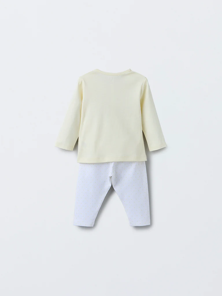 HOP Baby Girls Yellow Printed Cotton T-Shirt with Pants Set - Image 3