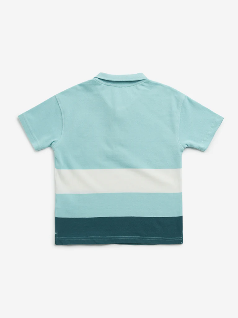 HOP Kids Boys Aqua Colour-Blocked Design Cotton Polo T-Shirt - Image 3