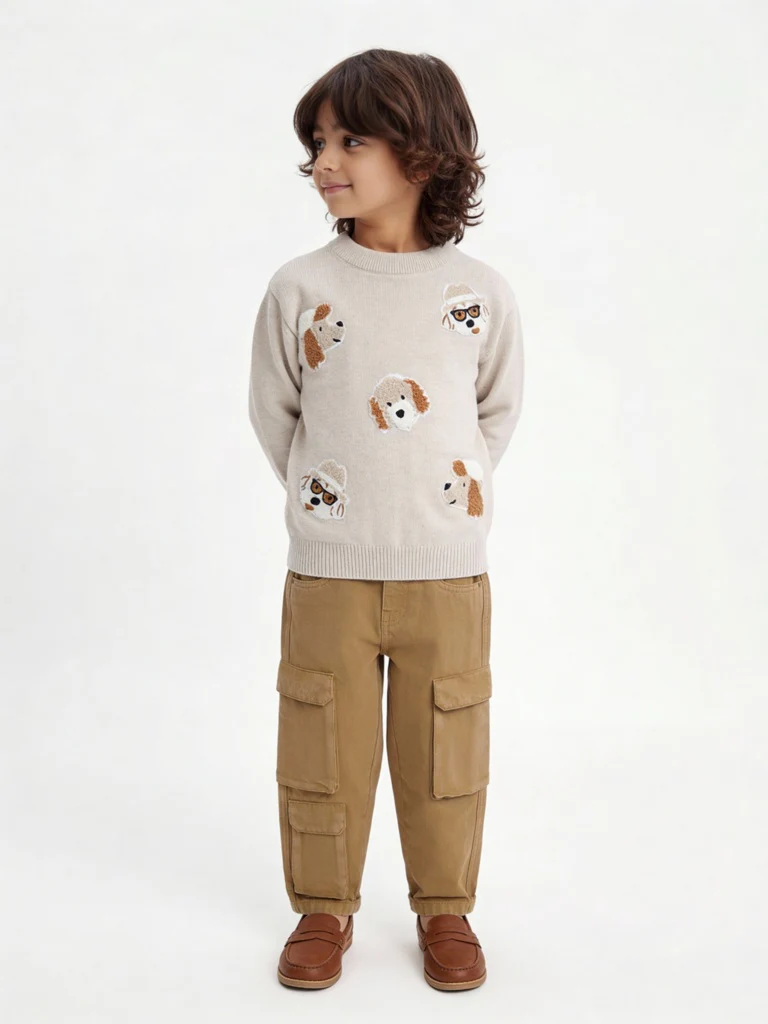 HOP Kids Boys Beige Animal Embroidered Cotton Sweater