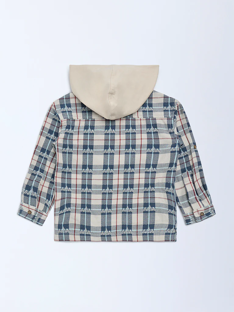 HOP Kids Boys Beige Checks Pattern Hooded Cotton Shirt - Image 3