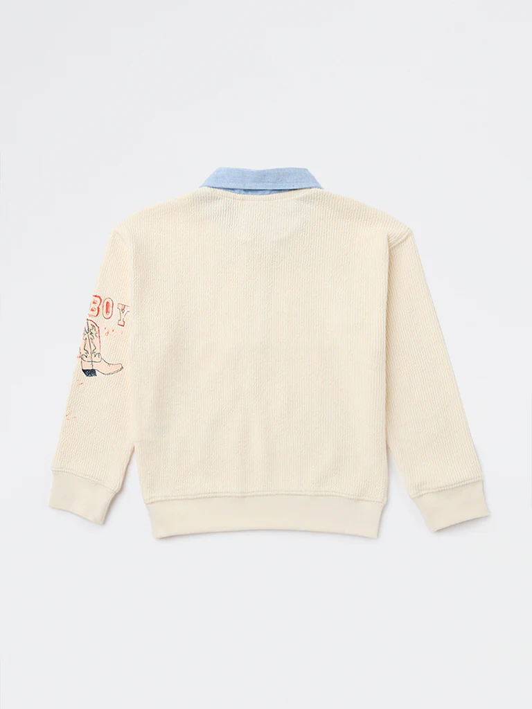 HOP Kids Boys Beige Cowboy Themed Cotton Sweatshirt - Image 4
