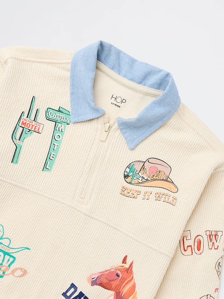 HOP Kids Boys Beige Cowboy Themed Cotton Sweatshirt - Image 5