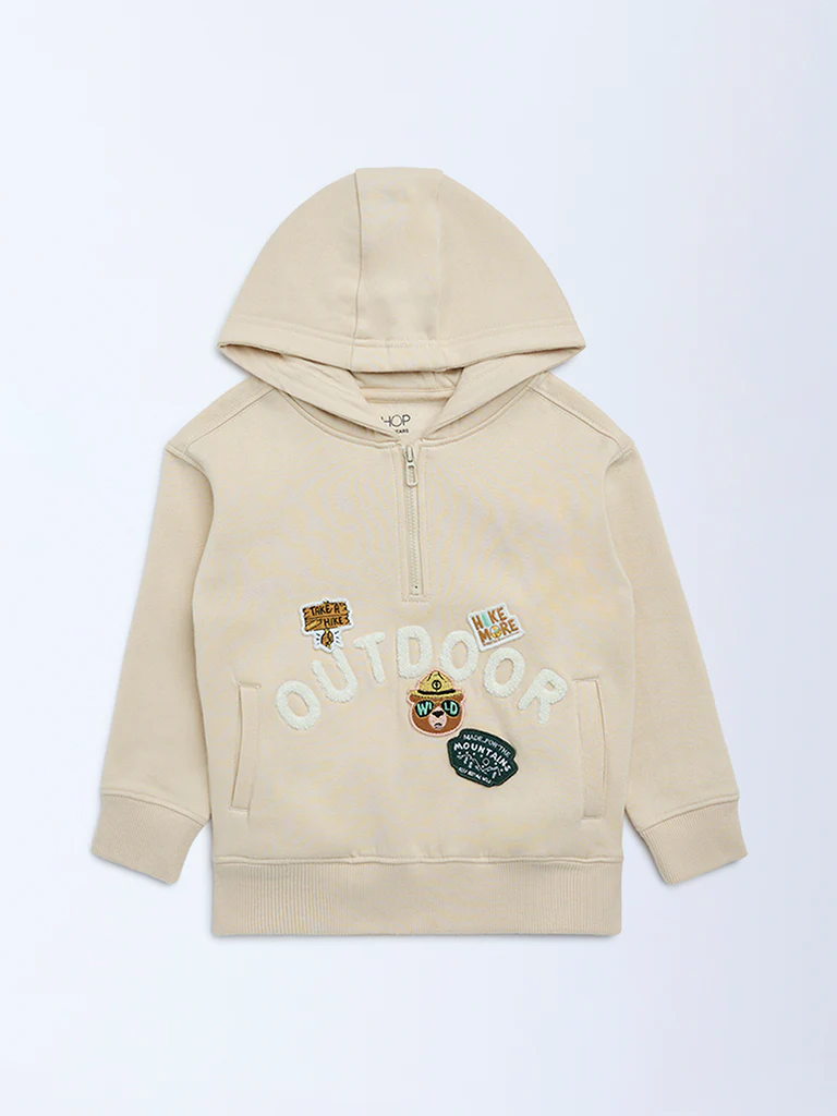HOP Kids Boys Beige Embroidered Hooded Cotton-Blend Sweatshirt - Image 3