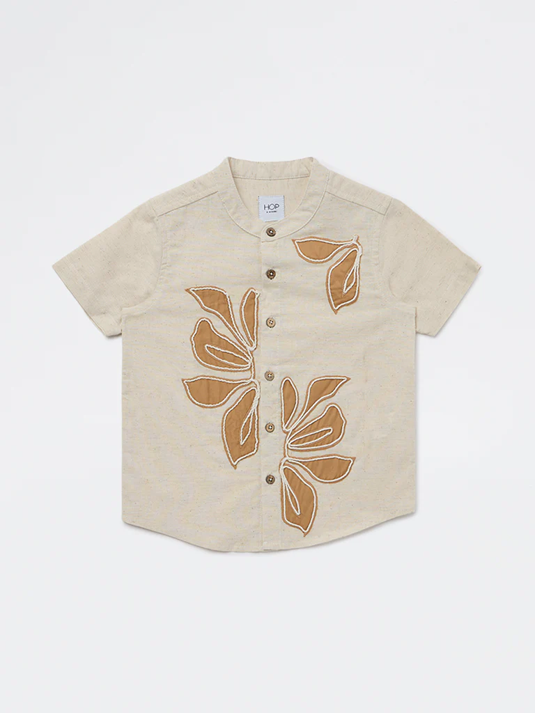 HOP Kids Boys Beige Floral Embroidered Cotton-Blend Shirt - Image 3