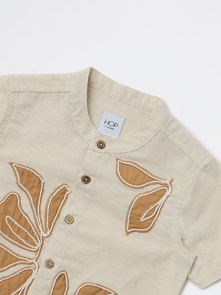 HOP Kids Boys Beige Floral Embroidered Cotton-Blend Shirt - Image 5