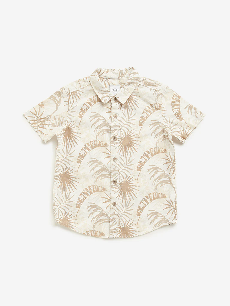 HOP Kids Boys Beige Foliage Printed Cotton Shirt