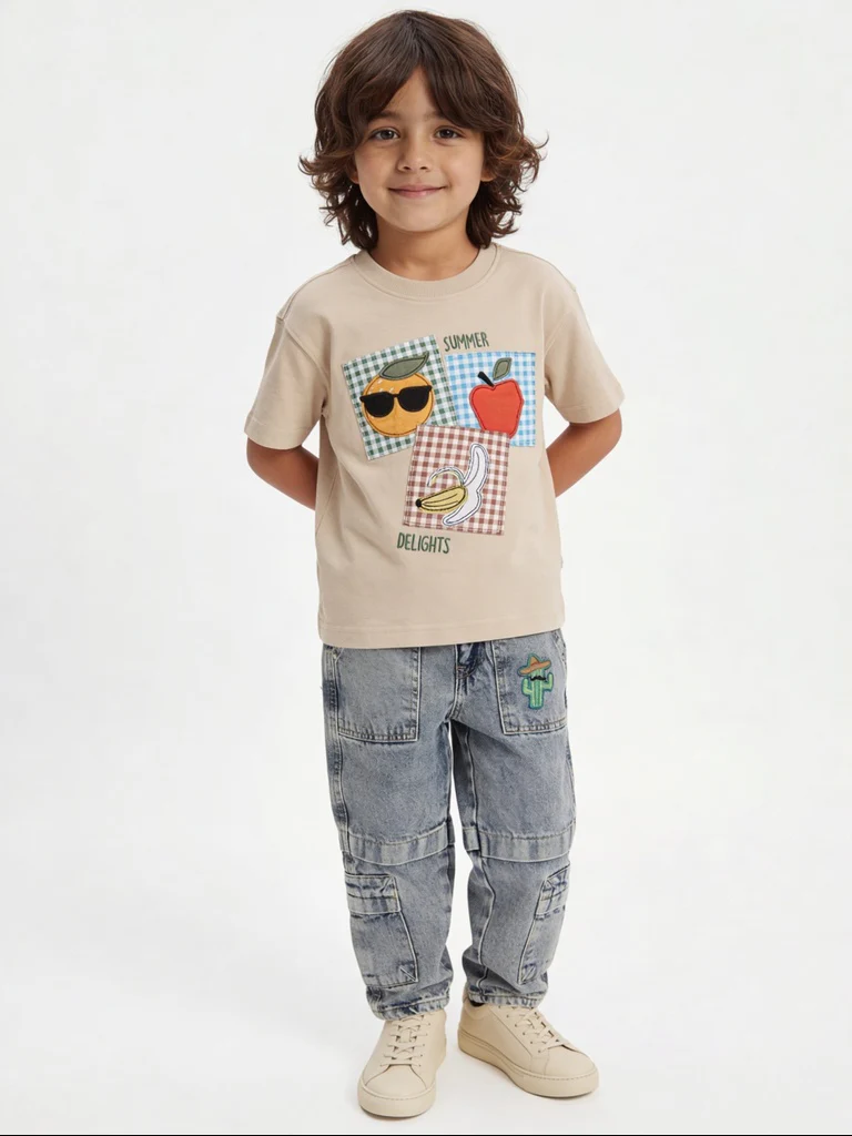 HOP Kids Boys Beige Fruit Patch Cotton T-Shirt