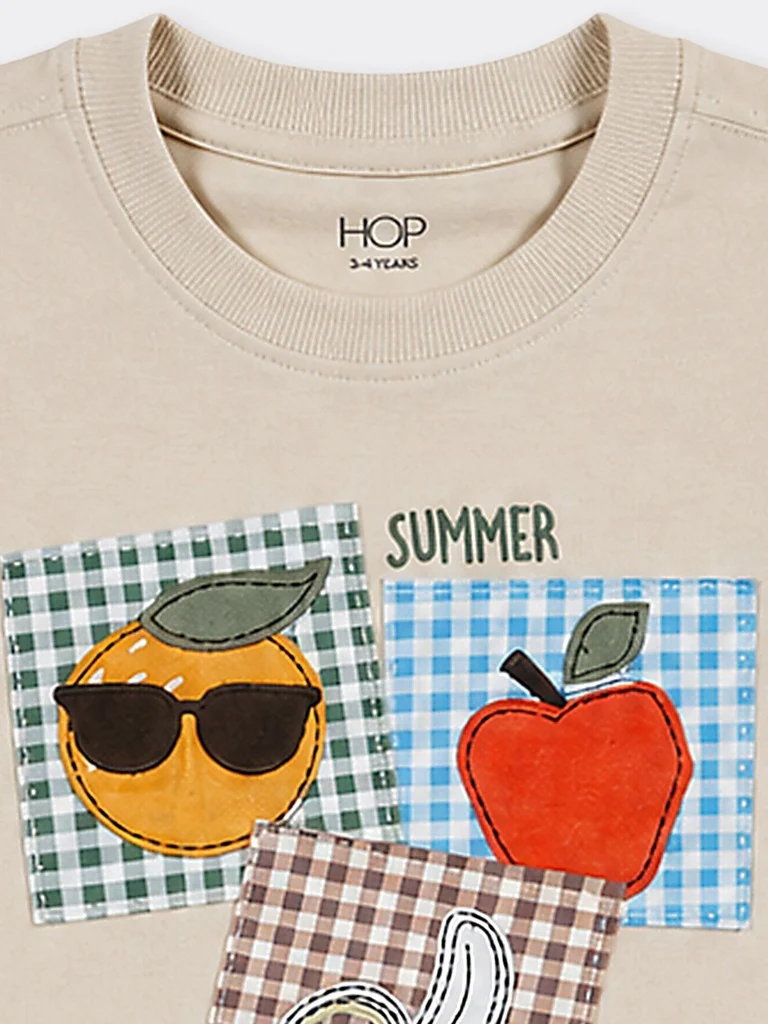 HOP Kids Boys Beige Fruit Patch Cotton T-Shirt - Image 5