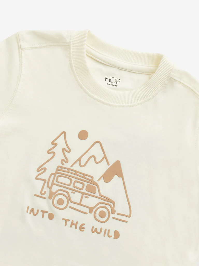 HOP Kids Boys Beige Graphic Printed Cotton T-Shirt - Image 3