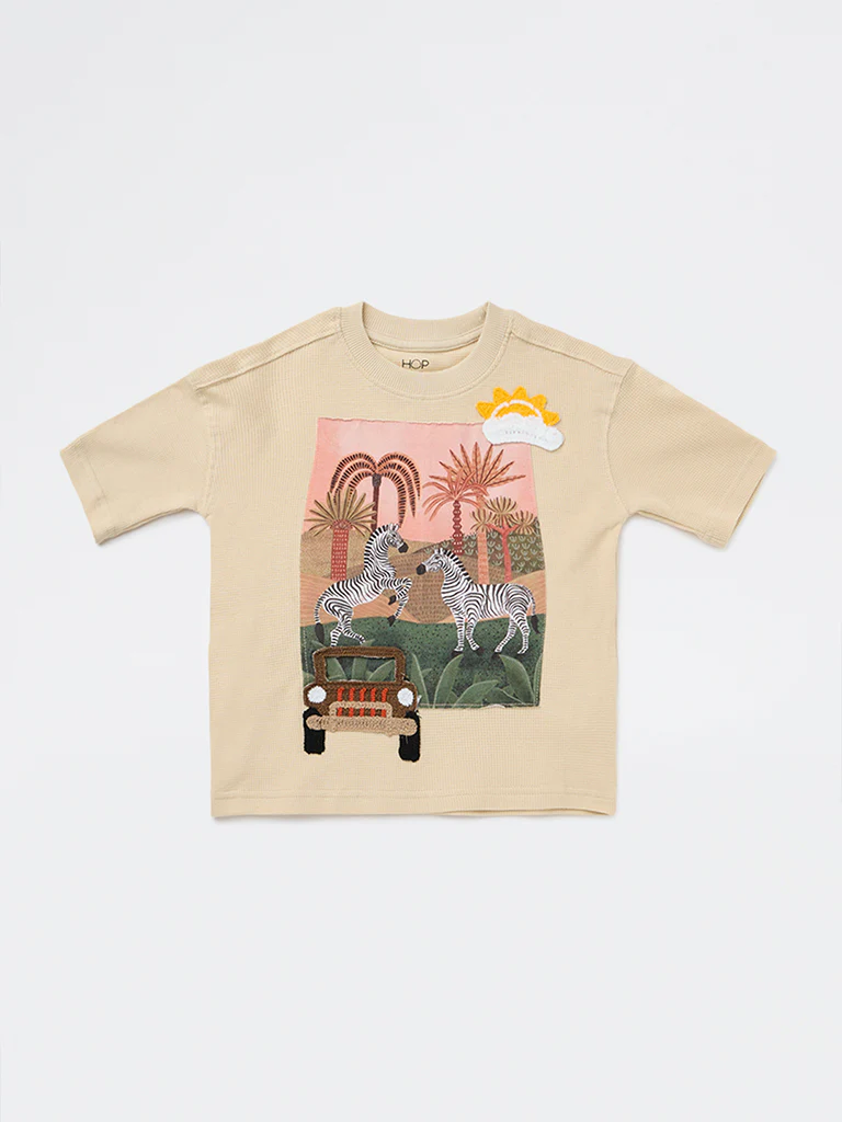 HOP Kids Boys Beige Graphic Printed Cotton T-Shirt - Image 4