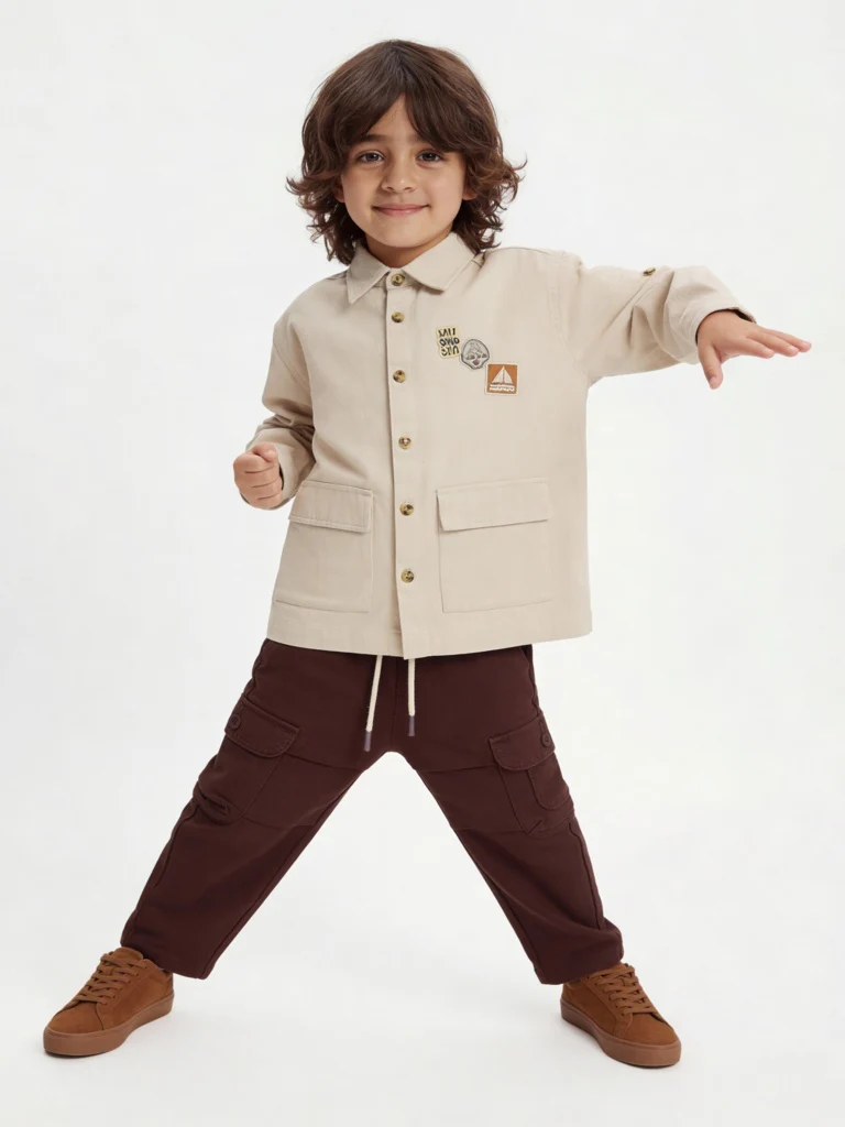 HOP Kids Boys Beige Graphic Printed Denim Shirt