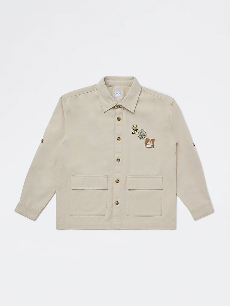 HOP Kids Boys Beige Graphic Printed Denim Shirt - Image 3
