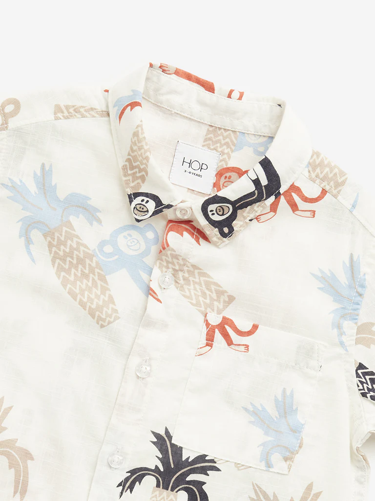 HOP Kids Boys Beige Monkey Printed Cotton Shirt - Image 3