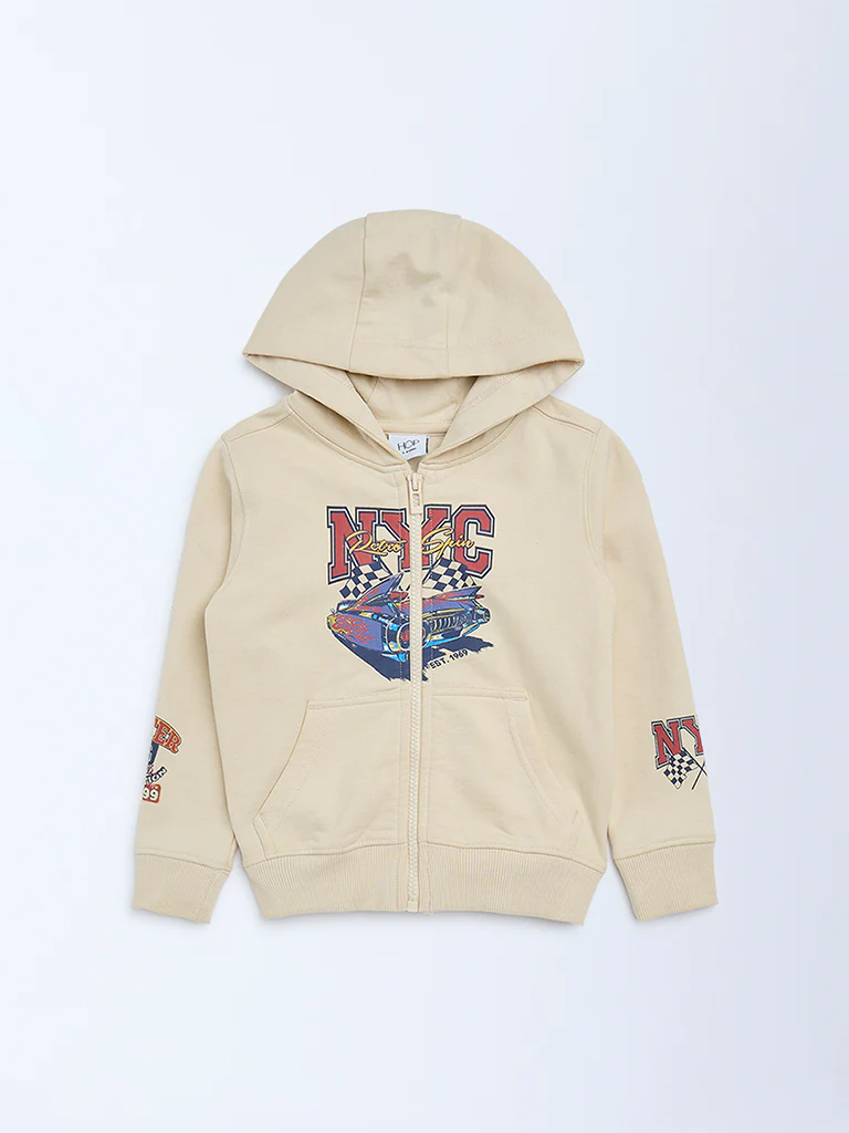 HOP Kids Boys Beige Printed Cotton-Blend Hooded Jacket - Image 4