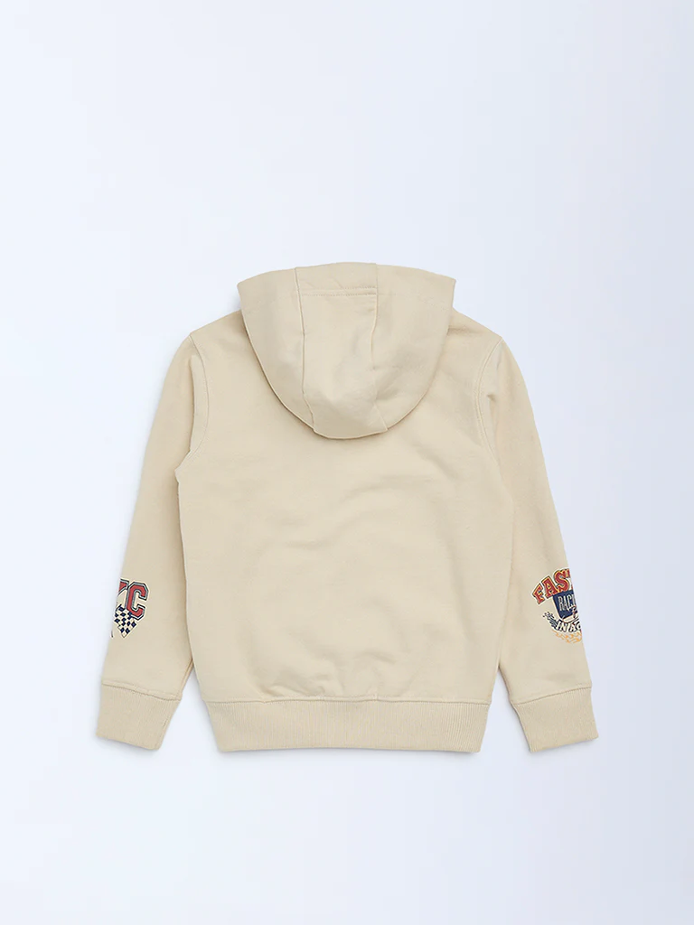 HOP Kids Boys Beige Printed Cotton-Blend Hooded Jacket - Image 5