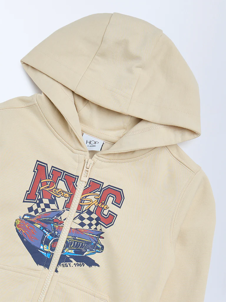 HOP Kids Boys Beige Printed Cotton-Blend Hooded Jacket - Image 6