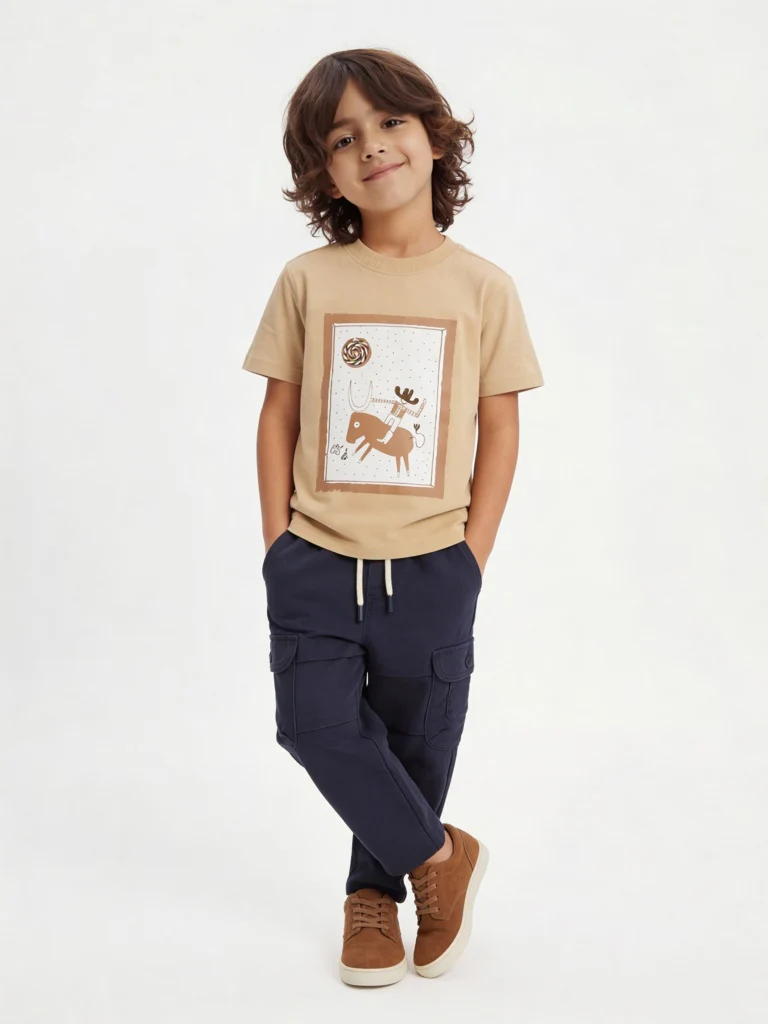 HOP Kids Boys Beige Printed Cotton T-Shirt