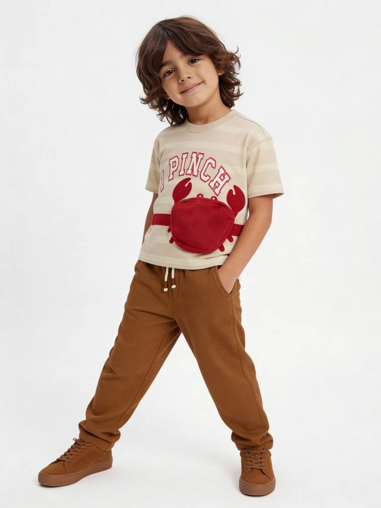 HOP Kids Boys Beige Text Design Cotton T-Shirt