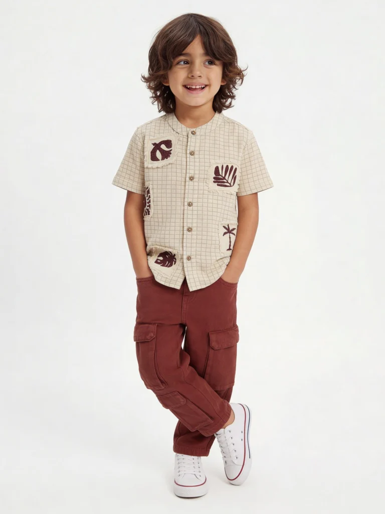 HOP Kids Boys Beige Tropical-Inspired Cotton Shirt
