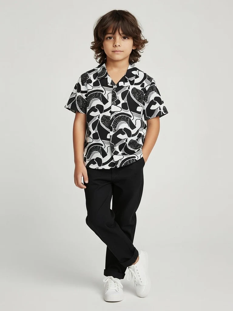 HOP Kids Boys Black and White Abstract Print Resort-Fit Shirt