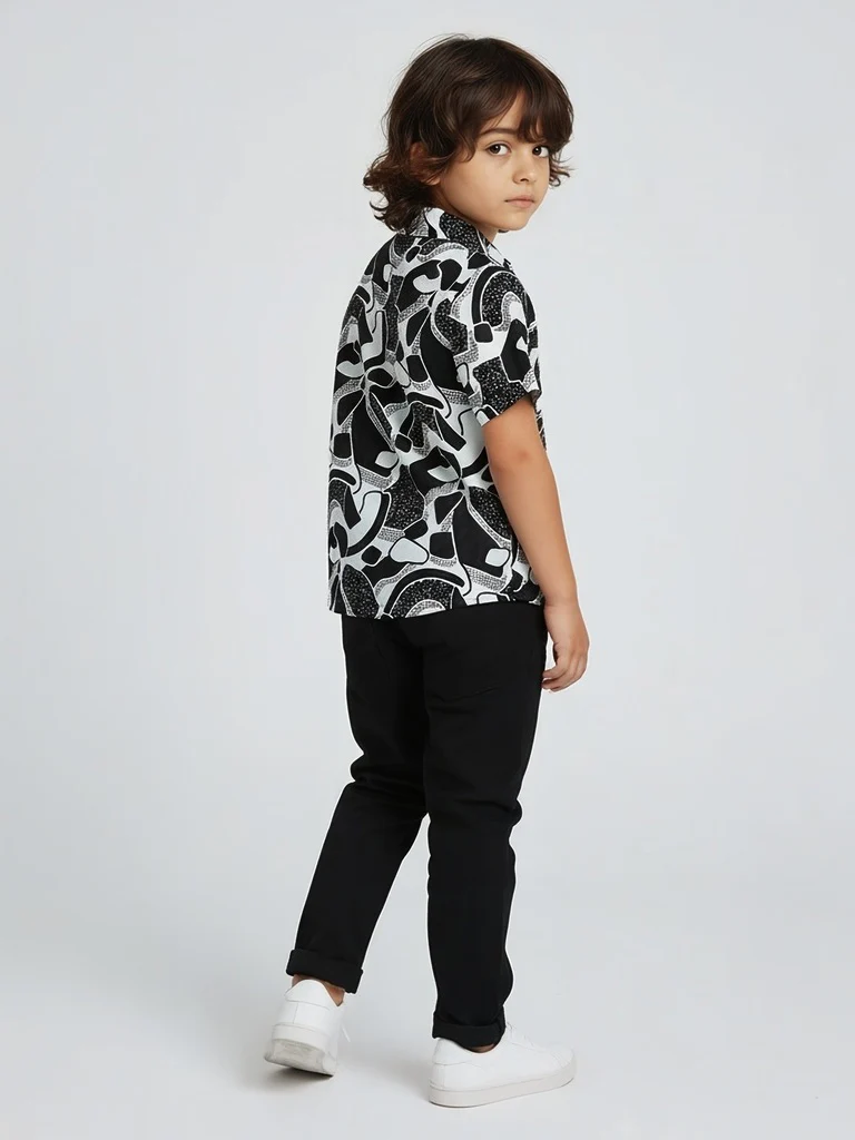 HOP Kids Boys Black and White Abstract Print Resort-Fit Shirt - Image 2