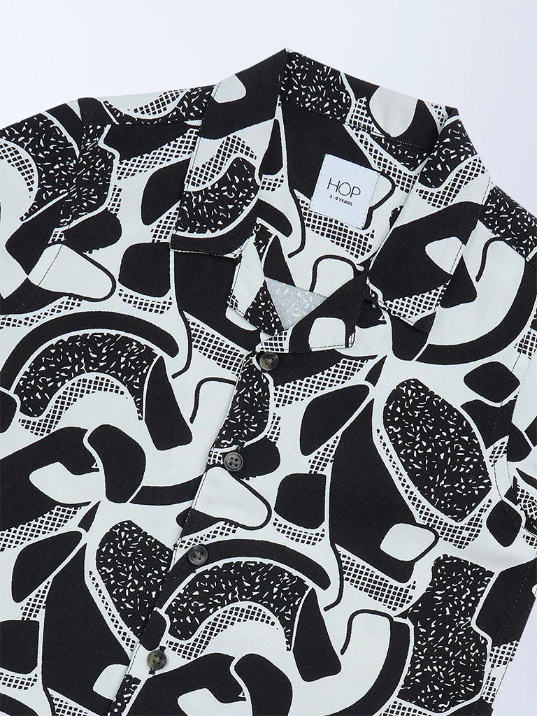 HOP Kids Boys Black and White Abstract Print Resort-Fit Shirt - Image 5