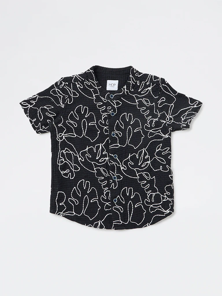 HOP Kids Boys Black Embroidered Cotton Shirt - Image 3