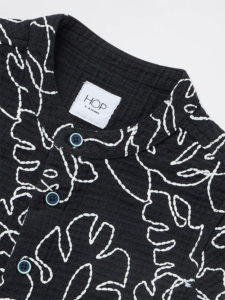 HOP Kids Boys Black Embroidered Cotton Shirt - Image 5