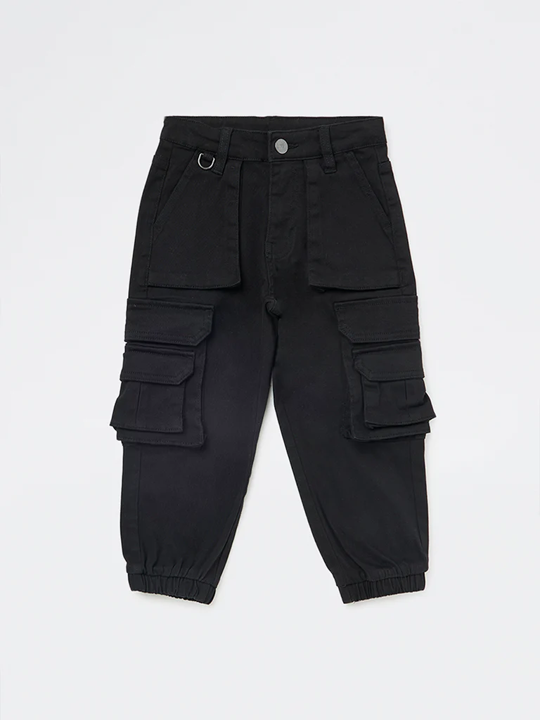 HOP Kids Boys Black Mid-Rise Cotton-Blend Cargo Joggers - Image 4