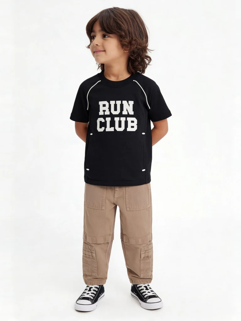 HOP Kids Boys Black Numerical Printed Cotton-Blend T-Shirt