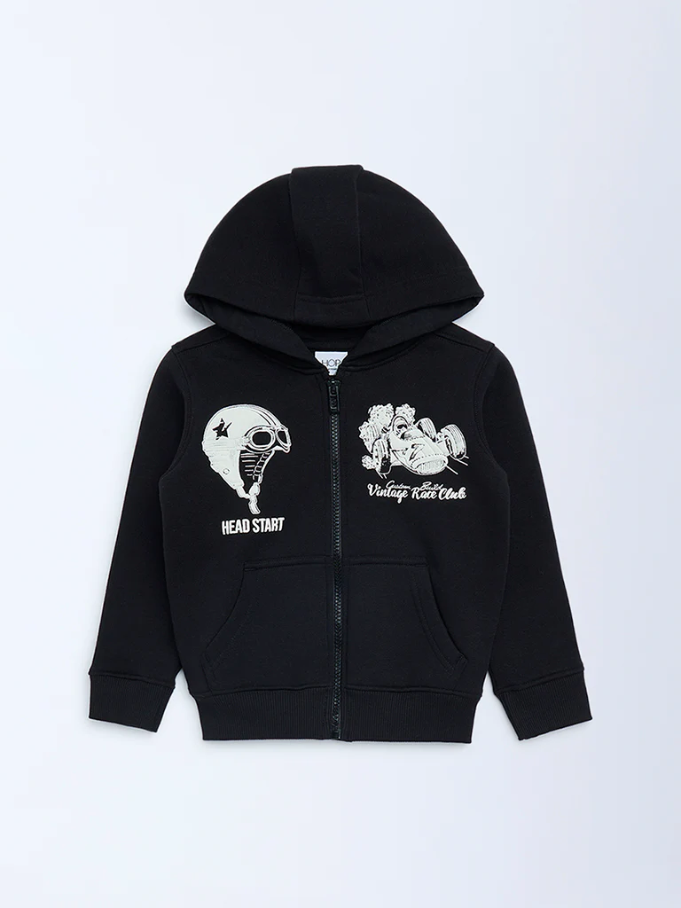 HOP Kids Boys Black Printed Cotton-Blend Hooded Jacket - Image 4