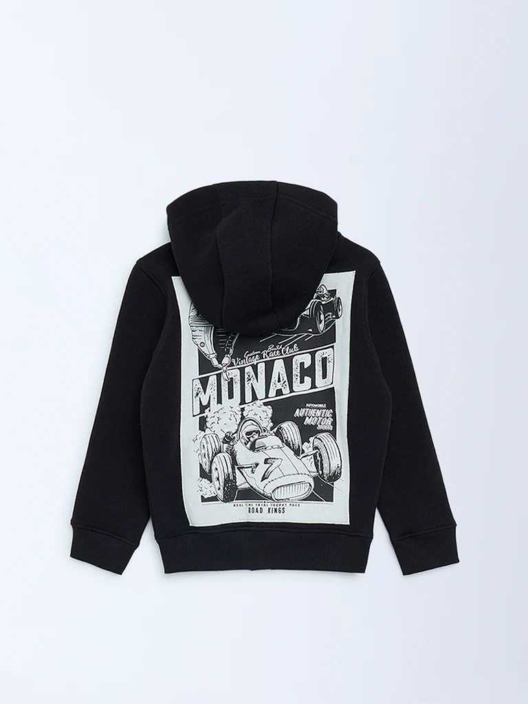 HOP Kids Boys Black Printed Cotton-Blend Hooded Jacket - Image 5