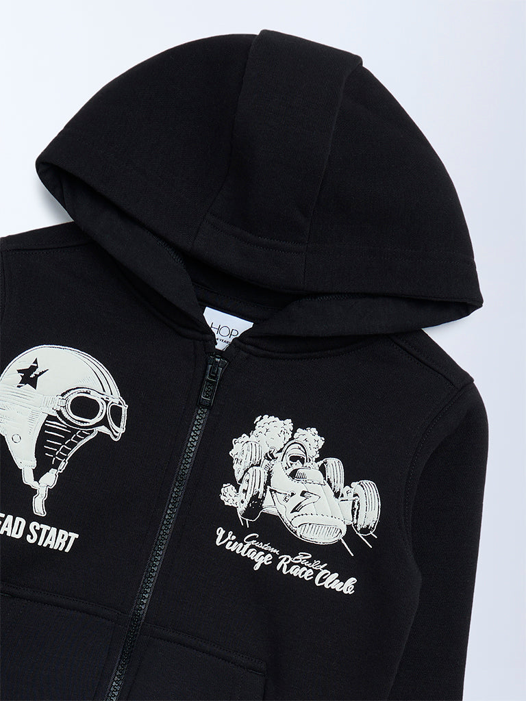HOP Kids Boys Black Printed Cotton-Blend Hooded Jacket - Image 6