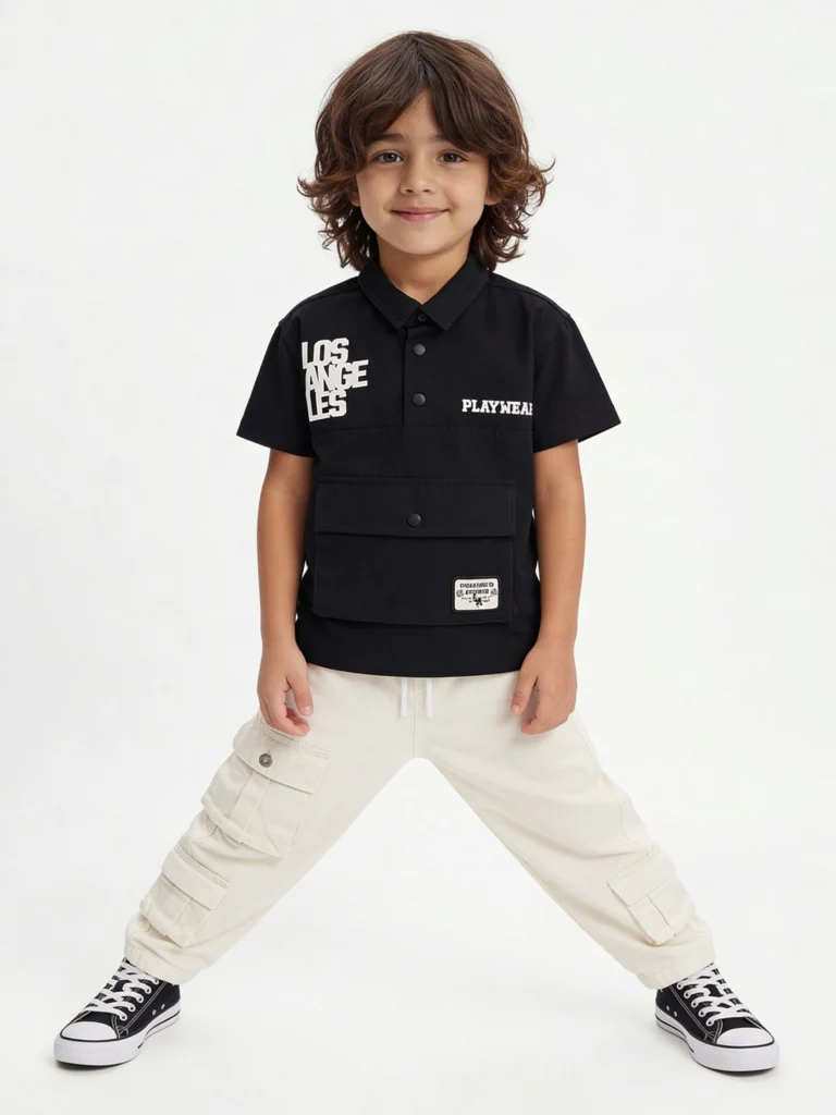 HOP Kids Boys Black Text Printed Cotton Shirt