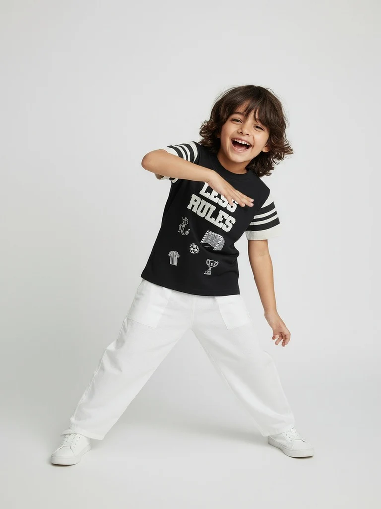 HOP Kids Boys Black Typographic Cotton T-Shirt