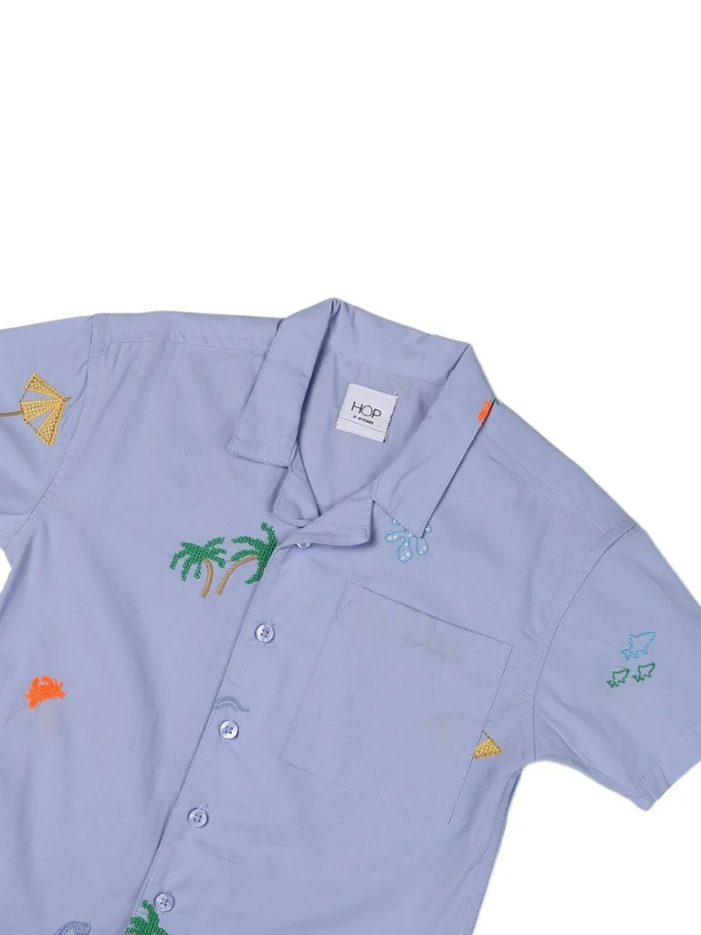 HOP Kids Boys Blue Beach Embroidered Cotton Shirt - Image 5