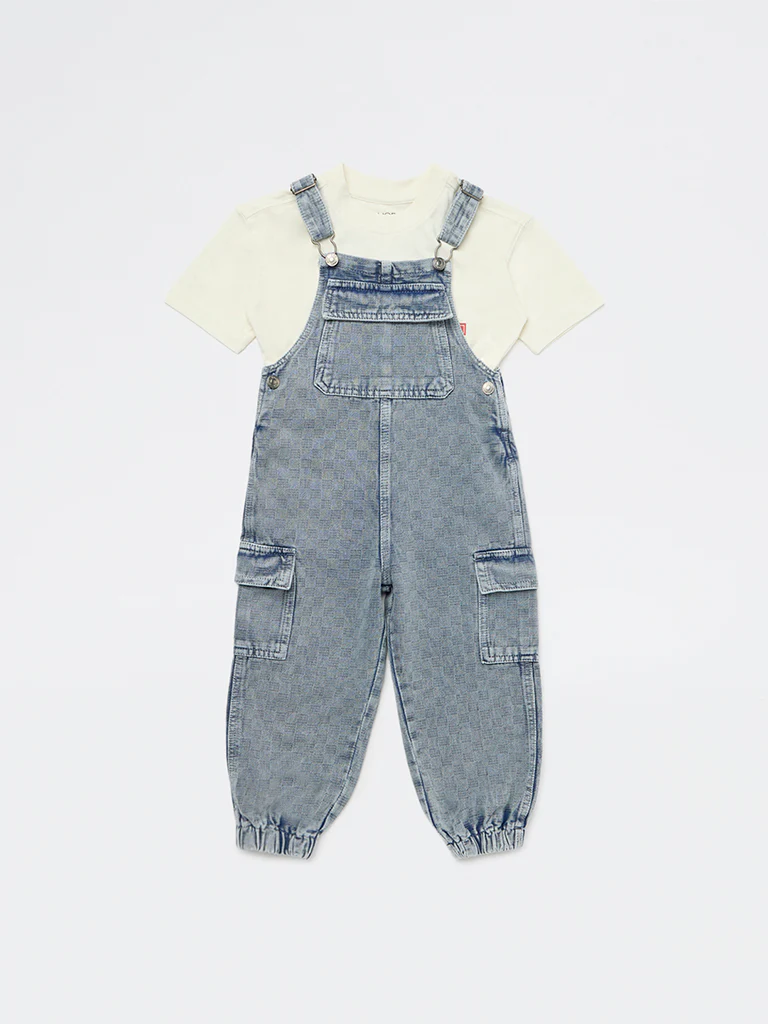 HOP Kids Boys Blue Denim Dungaree with T-Shirt Set - Image 3