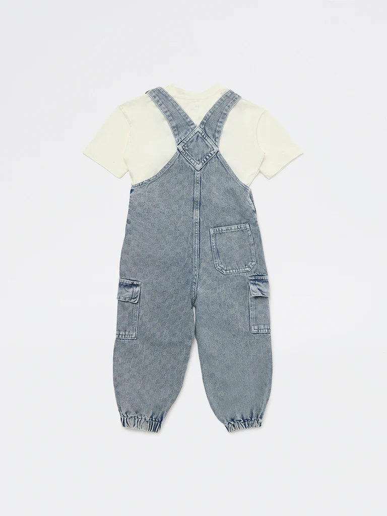 HOP Kids Boys Blue Denim Dungaree with T-Shirt Set - Image 4