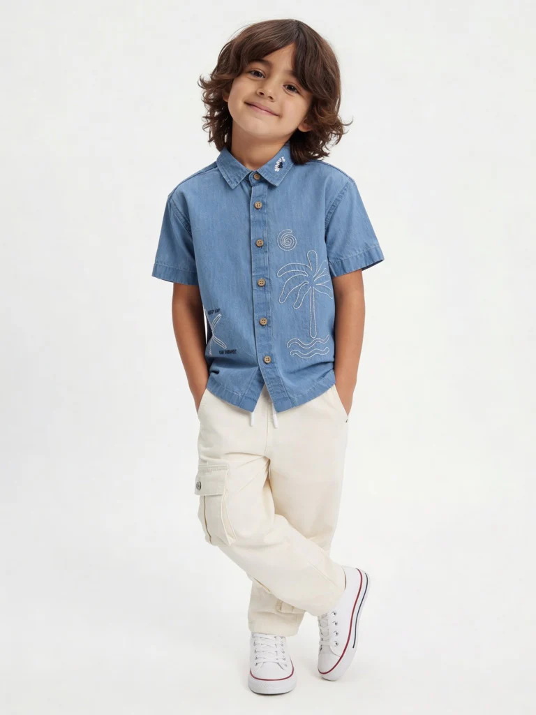 HOP Kids Boys Blue Embroidered Denim Shirt