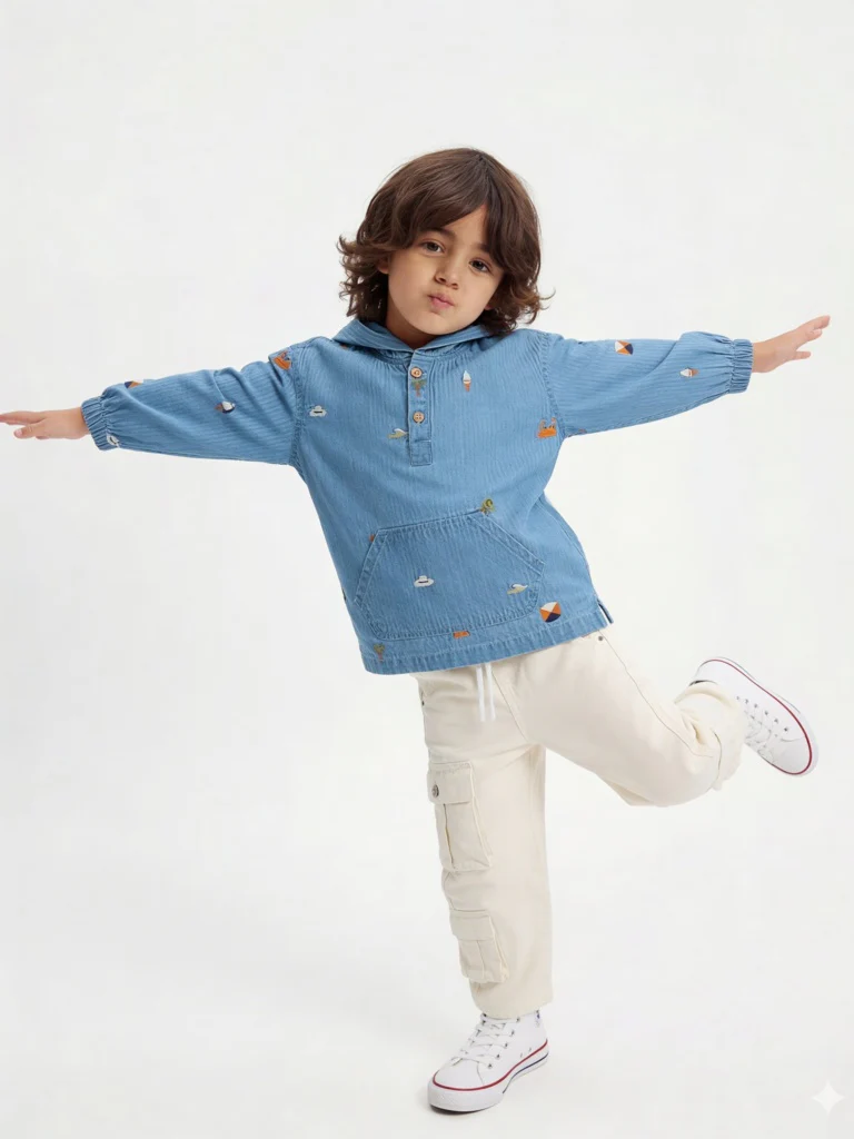 HOP Kids Boys Blue Embroidered Hooded Denim Shirt