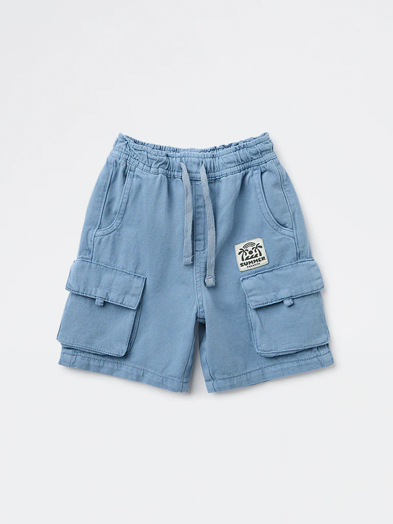 HOP Kids Boys Blue Mid-Rise Cotton Cargo Shorts - Image 4