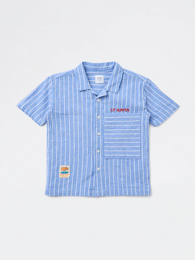 HOP Kids Boys Blue Pinstriped Cotton-Blend Shirt - Image 3