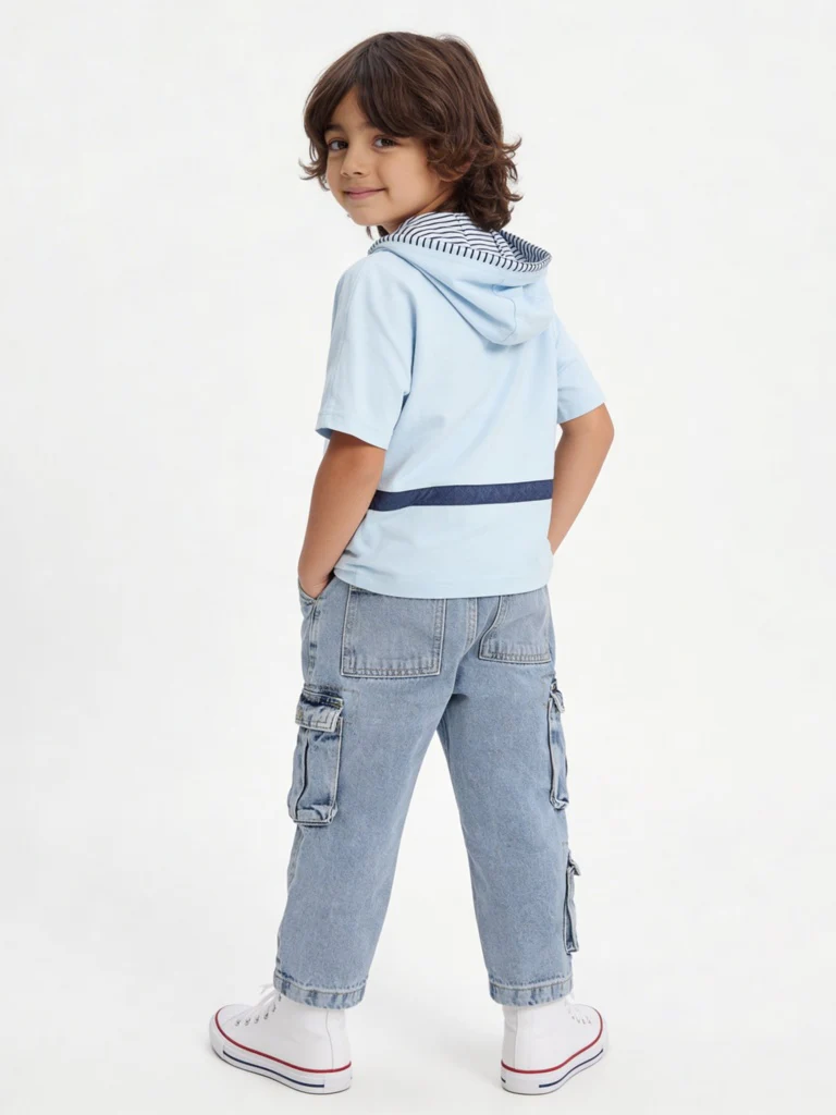 HOP Kids Boys Blue Pouch-Detailed Hooded Cotton T-Shirt - Image 2