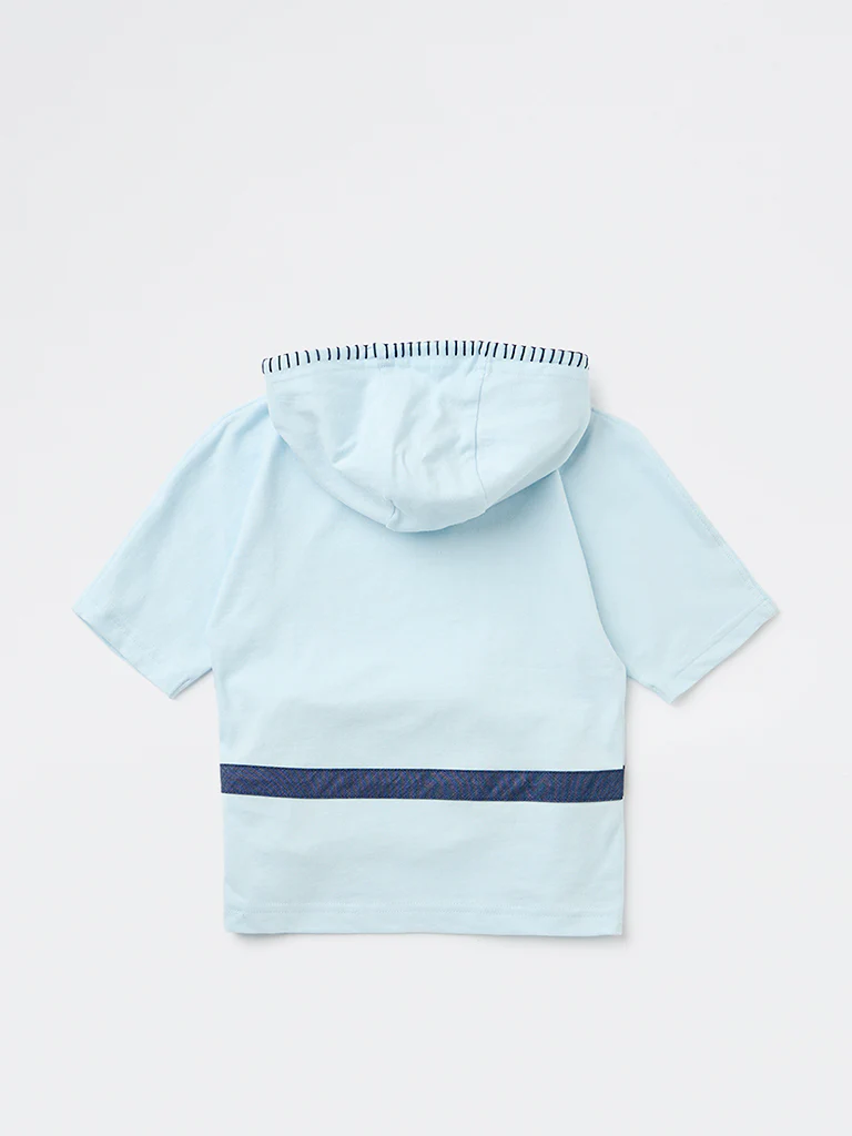 HOP Kids Boys Blue Pouch-Detailed Hooded Cotton T-Shirt - Image 4