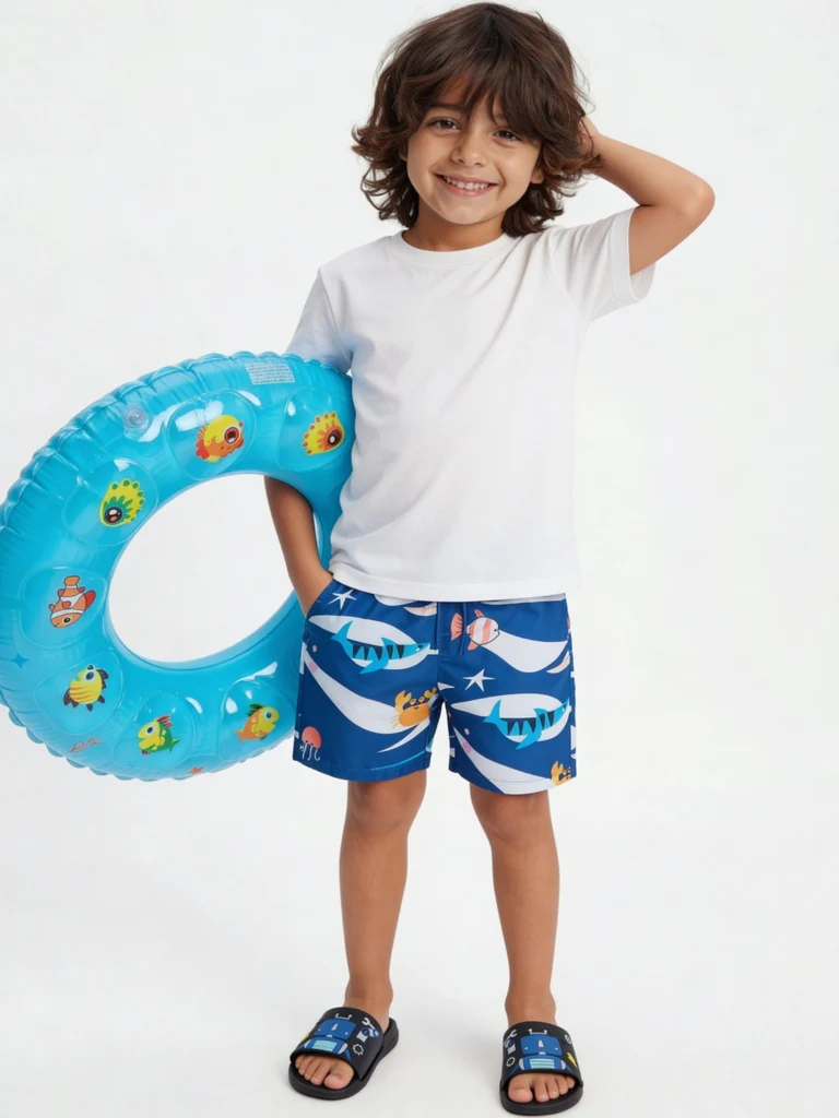 HOP Kids Boys Blue Printed Mid-Rise Swim Shorts