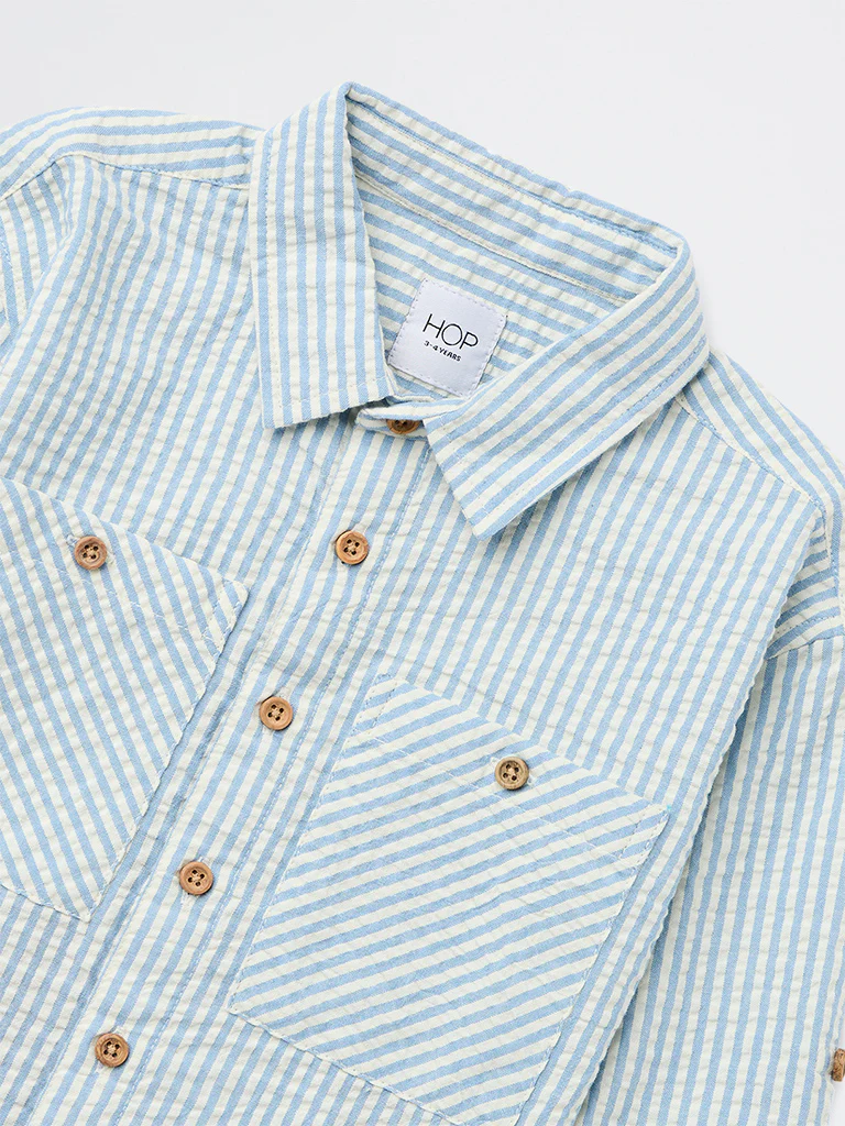 HOP Kids Boys Blue Seersucker Striped Cotton Shirt - Image 6