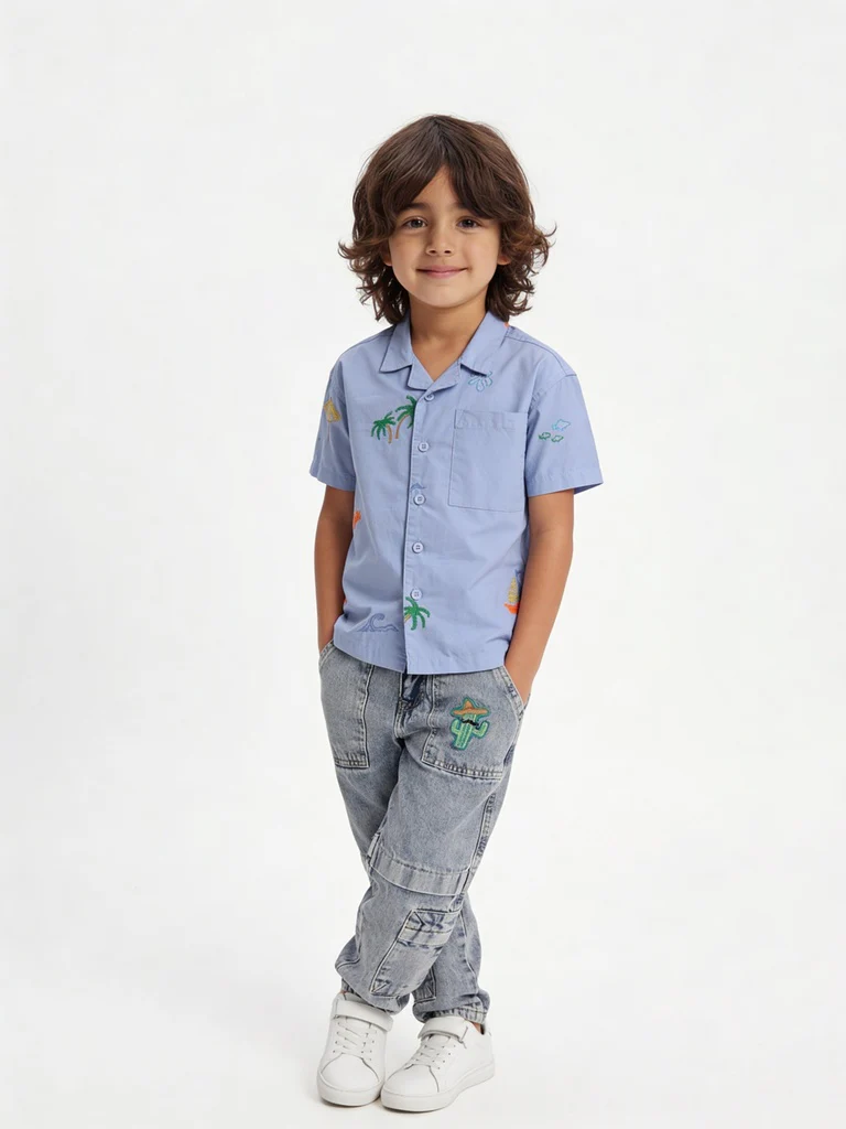 HOP Kids Boys Blue Straight Fit Cargo Jeans