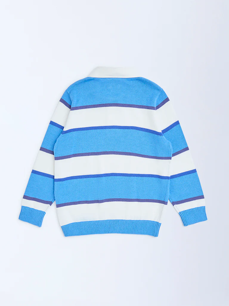 HOP Kids Boys Blue Striped Cotton Polo Sweater - Image 3