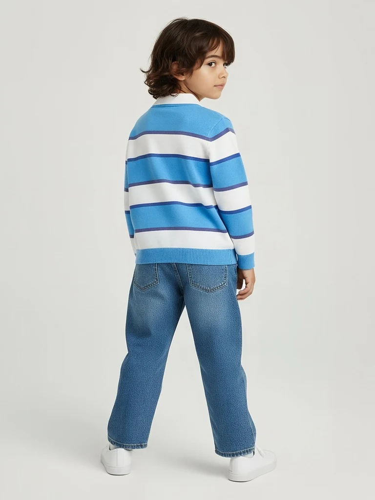 HOP Kids Boys Blue Striped Cotton Polo Sweater - Image 5